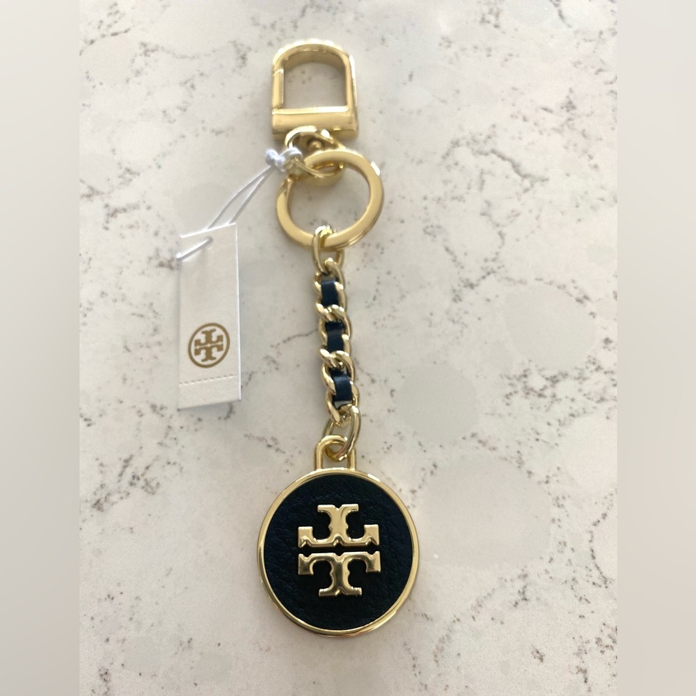 Tory Burch Gold Keychain w/ Black Mercer Leather Detail Inlay Key Fob